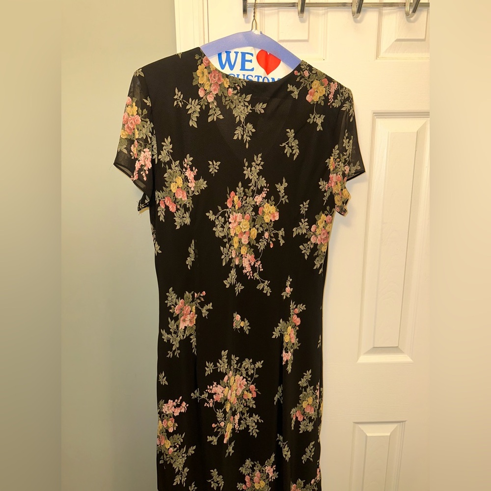🖤🩷💚Positive Attitude Black Floral Maxi Dress w/ Pink & Green Bouquet Print. Sz14 - Picture 2 of 5